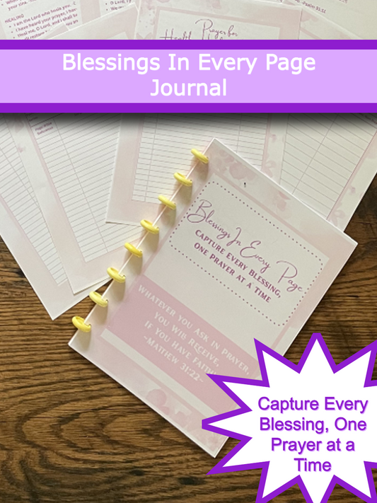 Journal titled 'Blessings In Every Page' with text overlay on a wooden surface